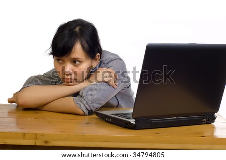 Beautiful asian business woman stress using laptop on white background