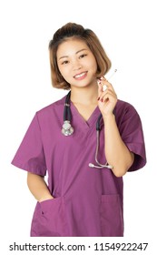 Beautiful Asian Doctor Or Nurse Smoking A Cigarette Isolated On A White Background