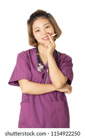 Beautiful Asian Doctor Or Nurse Smoking A Cigarette Isolated On A White Background