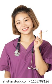 Beautiful Asian Doctor Or Nurse Smoking A Cigarette Isolated On A White Background