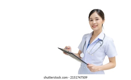 Beautiful Asian Female Doctor In Uniform Is Smiling With A Patient File On A White Background.