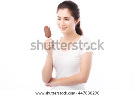 Beautiful asian girl  eating or holding a ice cream on white background