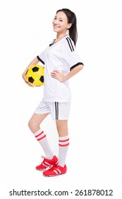 Beautiful Asian Girl Holding A Soccer Ball, White Background