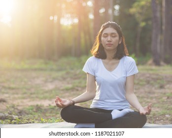 Beautiful Asian girl is meditating and practicing yoga in the midst of nature to calm the mind in the early morning of the new day. - Shutterstock ID 1187021107