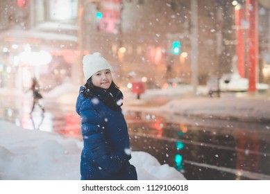 Beautiful Asian Girl Girl In A Night City Snowflake ,Aomori Japan