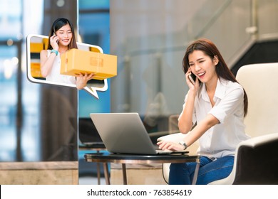 Beautiful Asian Girl Shop Online Using Phone Call With Female Small Business Owner Delivering Parcel Box. Internet Shopping Lifestyle, Ecommerce Shipment Service, SME Sale Promotion Advertise Concept