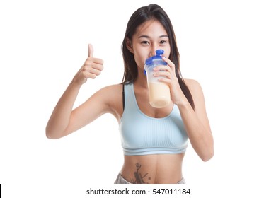 Beautiful Asian Healthy Girl Show Thumbs Up  Drink Whey Protein  Isolated On White Background.