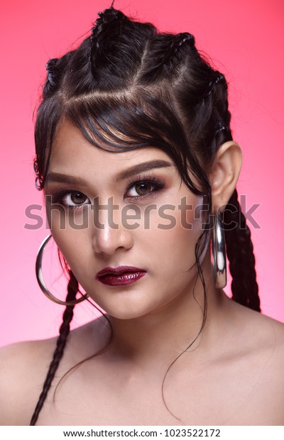 Beautiful Asian Long Straight Black Interweaving Stock Photo Edit
