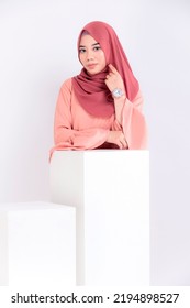 Beautiful Asian Malay Lady With Hijab And Isolated Background.