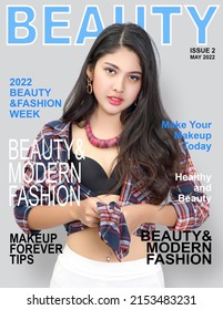 Beautiful Asian Woman In Black Bra And Shirt On Beauty Magazine Cover