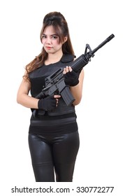 Beautiful Asian Woman In Black Clothes And Bullet Proof Vest With Rifle