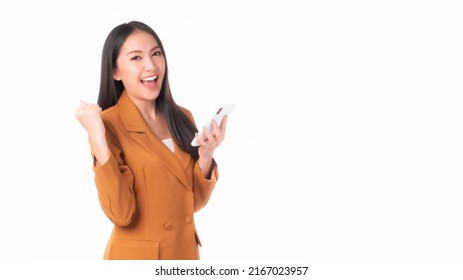 Beautiful Asian Woman Cute Girl Playing A Smart Phone Isolated On White Background - Mobile Phone Uses A Online Banking For Pay Online Shopping