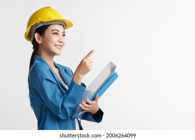 Beautiful Asian Woman Engineer And Safety Helmet On White Background, Construction Concept, Engineer, Industry.