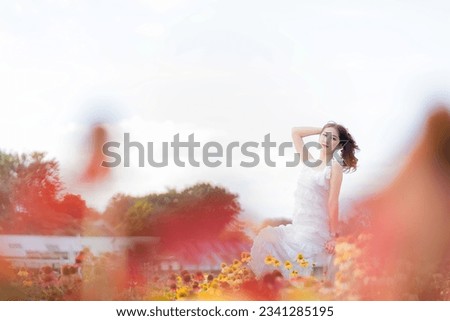 Similar – Image, Stock Photo Seen from the frog’s perspective: Lavender, poppy and curious woman
