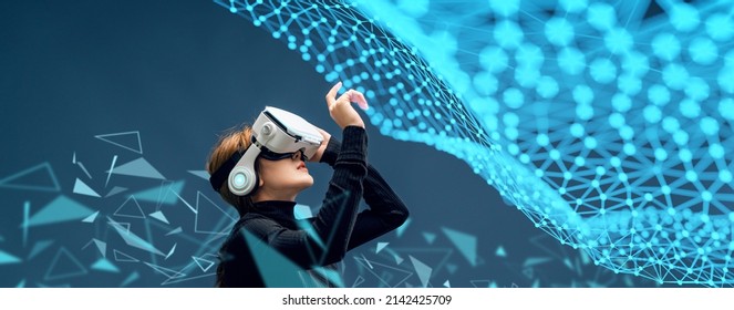 Beautiful Asian Woman In Glasses Of Virtual Reality. Augmented Reality. Future Digital Technology Game And Entertainment. Metaverse Technology Concept. VR.