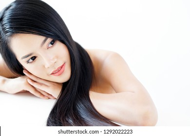 Beautiful Asian Woman Long Hair Isolated On White Background 