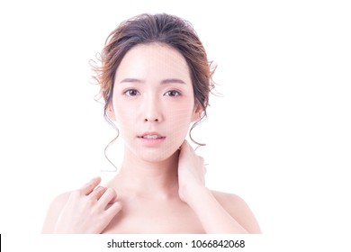 Beautiful Asian Woman Portrait. Beautiful Woman Looking To Camera. Korean Woman Touching Her Face. People With Youth And Skin Care Concept. Isolated On White Background.