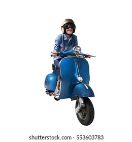 Beautiful Asian Woman Riding A Scooter With Helmet Isolated Over White Background