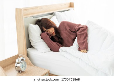 Beautiful Asian Woman Sleeping On Bed In Morning