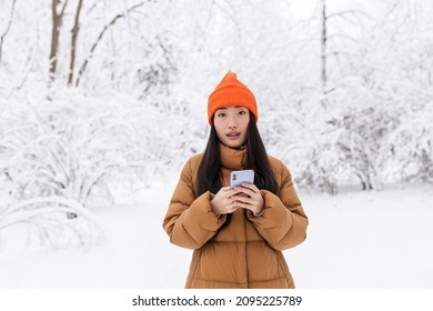 Beautiful Asian Woman Walking In The Park, Uses The Phone For Online Shopping, On A Winter Snowy Day