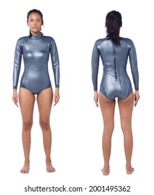 Beautiful Asian Woman Wear Diving Wet Suit. Scuba Free Dive Female Stand And Turn Front Back Rear View Over White Background Isolated, Full Length Body