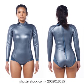 Beautiful Asian Woman Wear Diving Wet Suit. Scuba Free Dive Female Stand And Turn Front Back Rear View Over White Background Isolated, Half Body