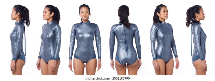 Beautiful Asian Woman Wear Diving Wet Suit. Scuba Free Dive Female Stand And Turn 360 Front Back Rear Side View Over White Background Isolated, Half Body