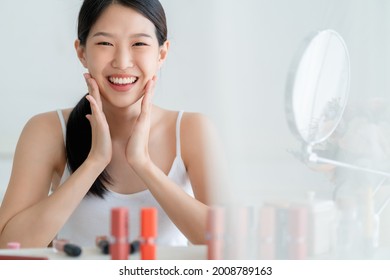 Beautiful Asian Woman White Tshirt Smile With Happiness Hand Touch Face Healthy Skincare Concept Morning Day Light