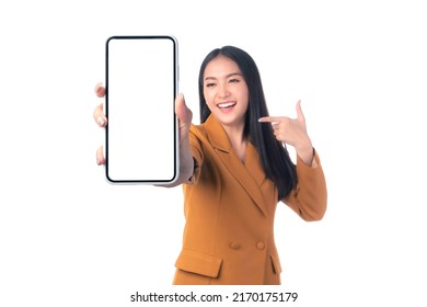 beautiful Asian young woman ,Excited surprised girl showing smart phone with blank screen , white screen isolated on white background , Display Mock Up Image