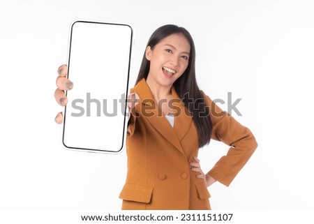 beautiful Asian young woman ,Excited surprised girl showing smart phone with blank screen , white screen for Mobile App Advertising isolated on white background , smart phone display Mock Up Image