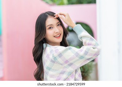 Beautiful Asian Young Woman Smile And Cheerful. Confident Cute Female Looking At Camera Relax And Happiness With Wellness Life. Good Moment And Positive Emotional. Happy Woman Enjoy Her Life Concept