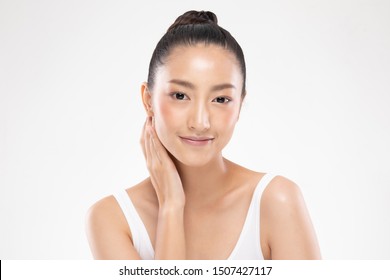 Beautiful Asian Young Woman Touching Neck Smile With Clean And Fresh Skin Happiness And Cheerful With Positive Emotional,isolated On White Background,Beauty And Cosmetics Concept