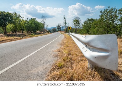 Beautiful Asphalt Country Road Side On The Green Mountain With Blue Sky Background In Sunny Day, Phetchabun Thailand. Road Trip, Travel Holiday Or Transportation Concept.