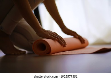 Beautiful Athletic Girl Doing Yoga Exercises Enjoy Meditation At Home. No Stress, Healthy Habit, Anxiety Relief Concept. Lotus.