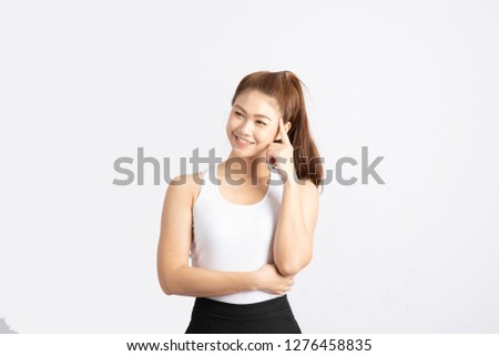 Beautiful Attractive Asian woman smile positive thinking to get ideas,Isolated on white background