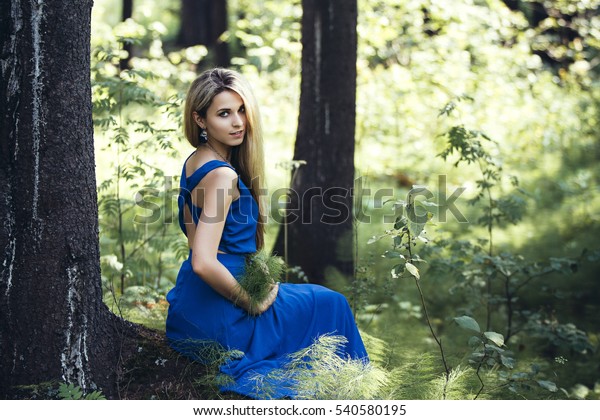 Beautiful Attractive Blonde Long Blue Dress Stock Photo (Edit Now ...