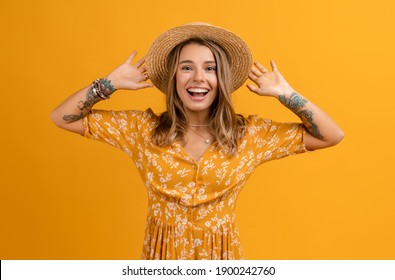 Beautiful Attractive Stylish Woman In Yellow Dress And Straw Hat Posing On Yellow Background Isolated Happy Smiling Face Expression Summer Fashion Style Trend