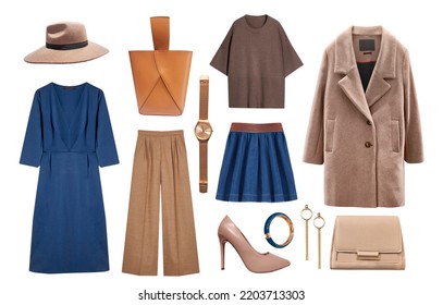 Beautiful autumn colors women's clothes set.Collection of blue brown clothing isolated on white.Female apparel. Fashion outfit. - Shutterstock ID 2203713303