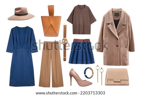 Beautiful autumn colors women's clothes set.Collection of blue brown clothing isolated on white.Female apparel. Fashion outfit.