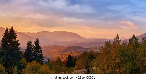Beautiful autumn evening in the Carpathian mountains. Serene sunset in the mountain forests of Ukraine - Shutterstock ID 2216400801