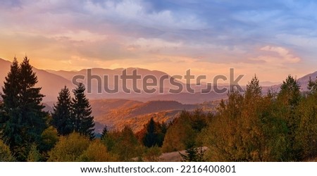 Beautiful autumn evening in the Carpathian mountains. Serene sunset in the mountain forests of Ukraine