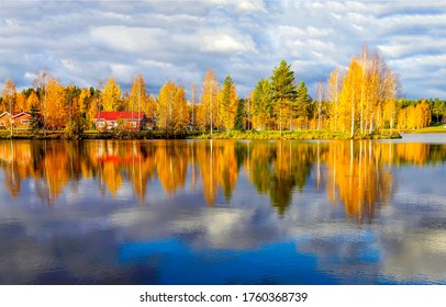 Beautiful Autumn Lake View With Trees At Water In October