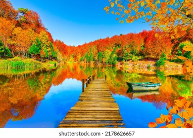beautiful autumn landscape on the lake. Beautiful lake scenery with autumn leaves in colorful forest. Autumn colors in nature. Stunning nature landscapes. Beautiful forest lake view. Uludag, Turkey. - Powered by Shutterstock