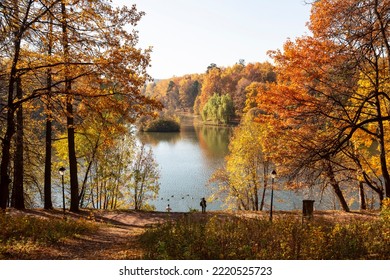 Beautiful autumn landscape - park, pond, trees with orange foliage - Shutterstock ID 2220525723