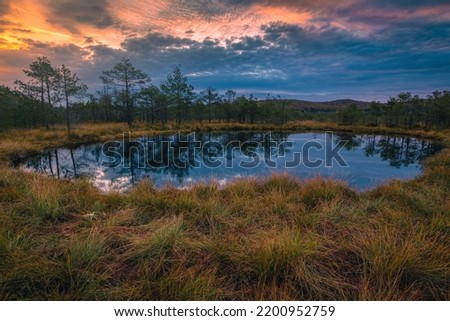 Beautiful autumn landscape and small lake in the swamp. Fantastic sunrise lights and colorful clouds reflection on the water in the bog, Tinovul Mohos, Transylvania, Romania, Europe