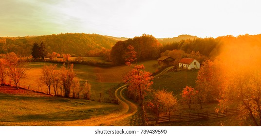 Beautiful Autumn Landscape At Sunset. Village Near City Of Valjevo, Western Serbia.