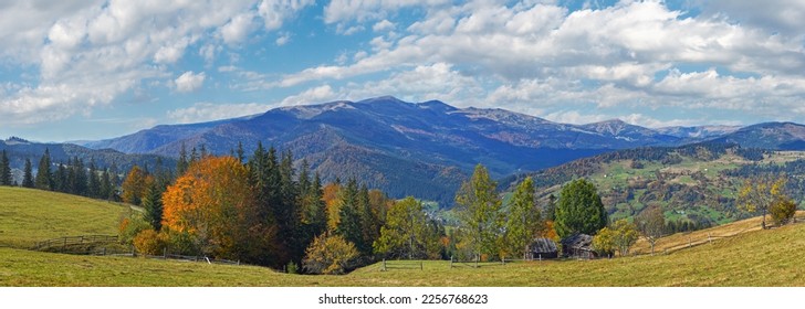 Beautiful autumn morning near Carpathian village outskirts (Carpathian mountain, Ukraine) - Shutterstock ID 2256768623