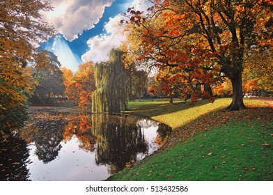 Beautiful Autumn Morning Scene In Rotterdam City Park, Netherlands