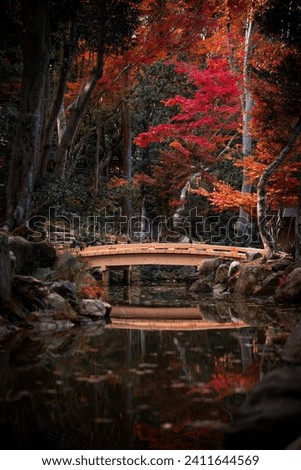 Beautiful Autumn Scenery of a Small Bridge over a River in Nara Park, Japan