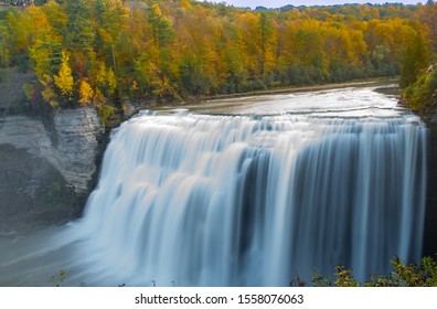 A beautiful Autumn view of the Middle Falls in Letchworth State Park,  captured with long exposure.